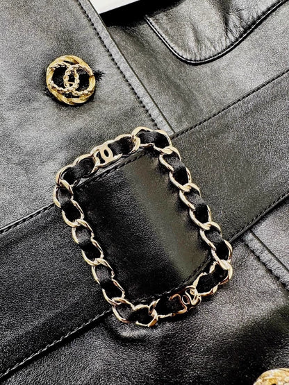 Chanel 2025 black leather vest dress with belt and chain