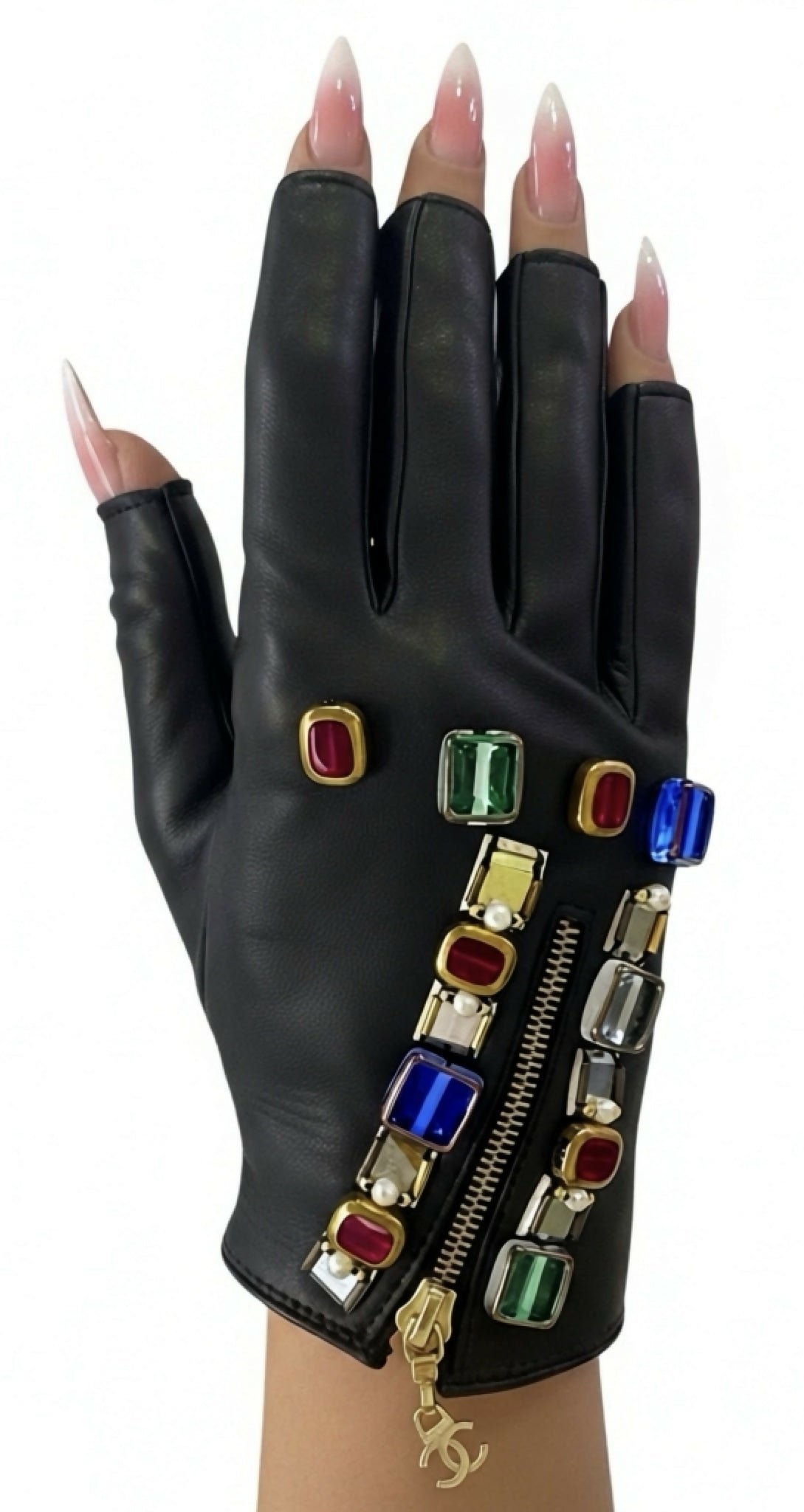 RARE Chanel 11A Paris Byzance Black Leather Jeweled Stone Gloves Size 7