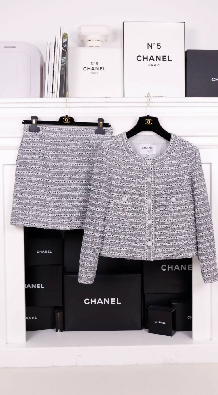 Chanel 24P gray and white striped jacket and skirt suit
