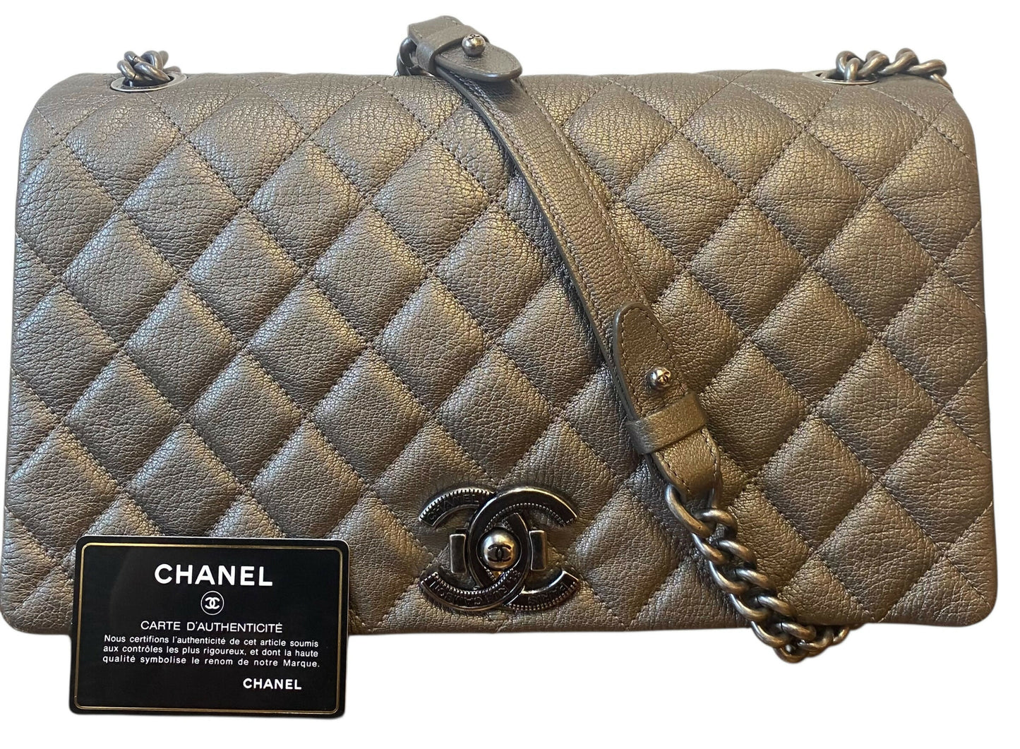 Chanel City Rock Large Dark Grey Metallic Quilted Goatskin Flap Bag