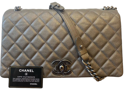 Chanel City Rock Large Dark Grey Metallic Quilted Goatskin Flap Bag