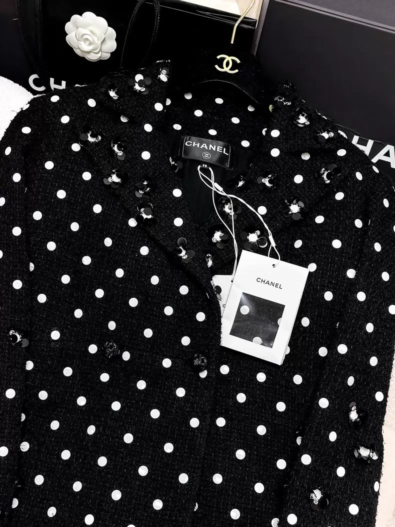Chanel 23SS black tweed with polka dots dress