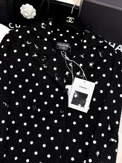 Chanel 23SS black tweed with polka dots dress