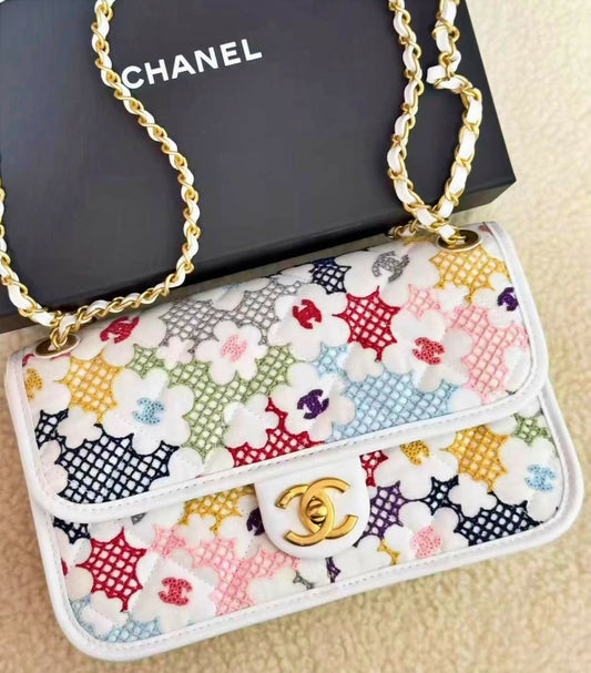 Chanel Spring 2024 White & Multicolor Floral Embroidered Classic Flap Bag with Aged Gold Hardware