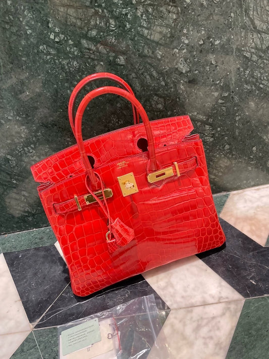 Hermes Birkin 30 D5 Geranium red shiny crocodile leather gold hardware