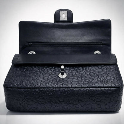 Chanel Medium Double Flap Black Camellia Lambskin Classic Timeless Bag SHW