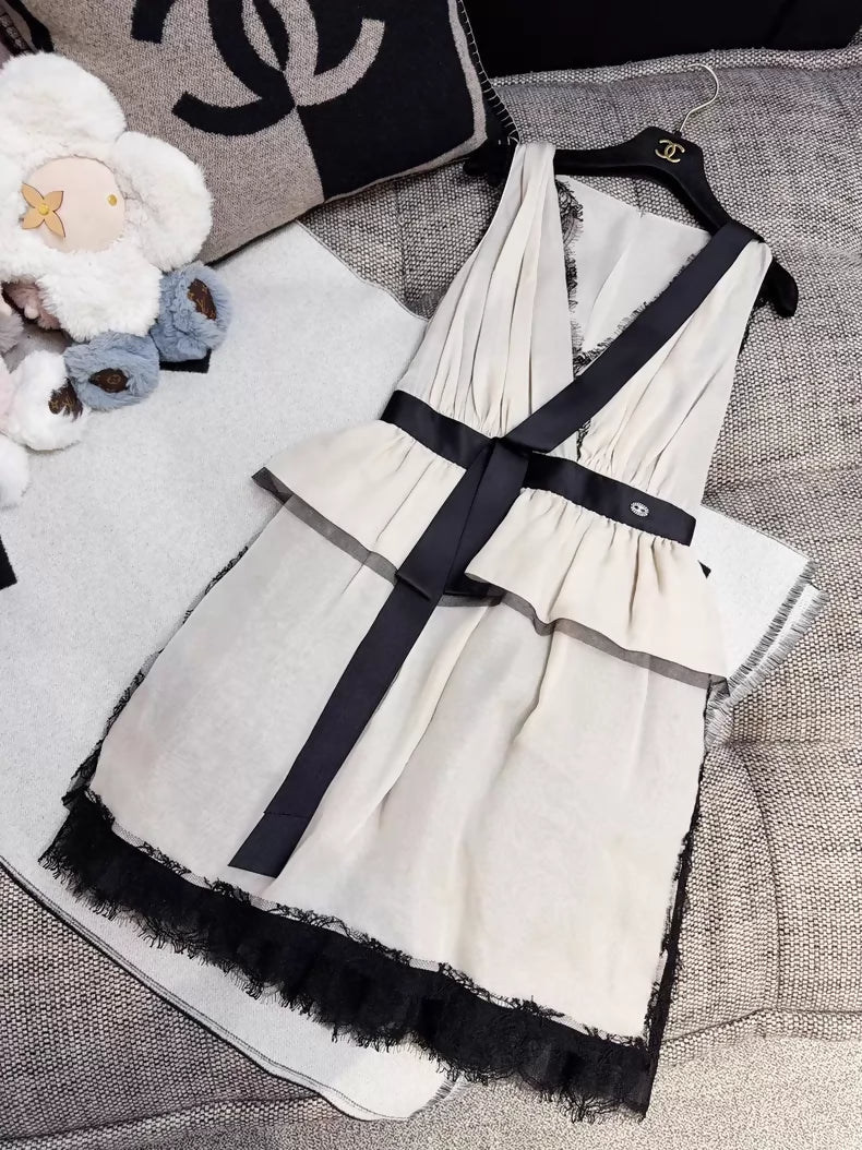 Chanel 2010 Beige/Nude Dress with Black Lace Ribbon
