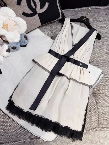 Chanel 2010 Beige/Nude Dress with Black Lace Ribbon