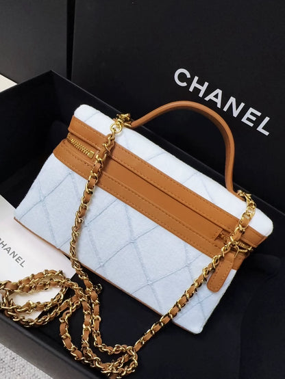 CHANEL 26M Blue Denim and Brown Lunch Bag