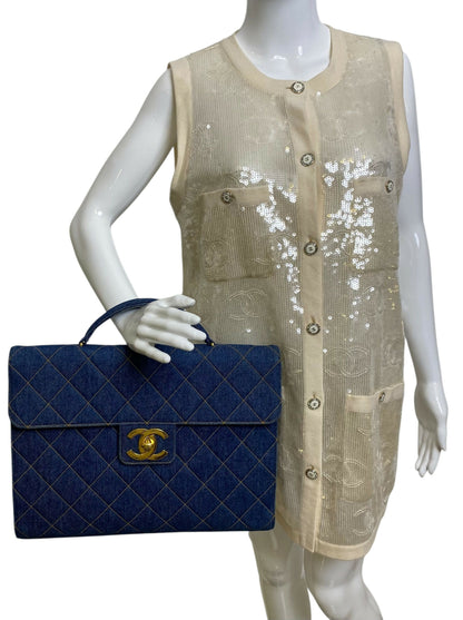 Chanel Vintage 1996 XL Blue Denim Quilted Jumbo Top Handle Briefcase Handbag