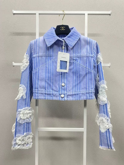 Chanel 18S Camellia Striped Denim Jacket