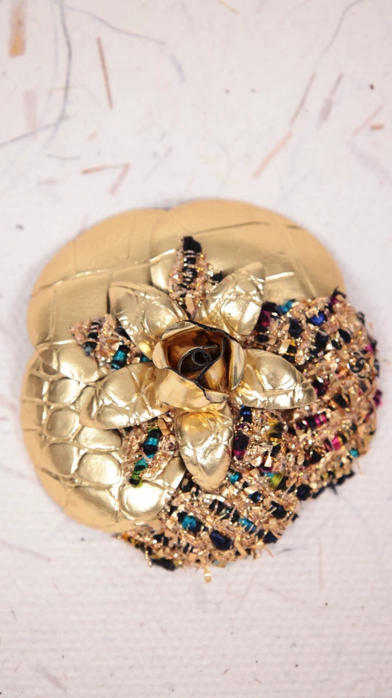 Chanel 2019 Gold Leather and Tweed Camellia Brooch