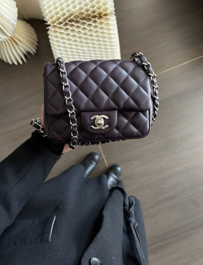 CHANEL Mini Square Flap Lambskin Quilted Dark Purple