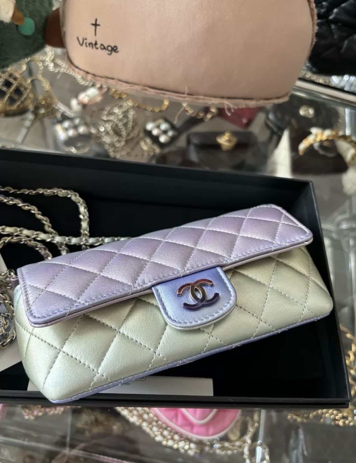 Chanel Gradient Metallic Quilted Lambskin Glasses Case on Chain Iridescent Hardware, 2021