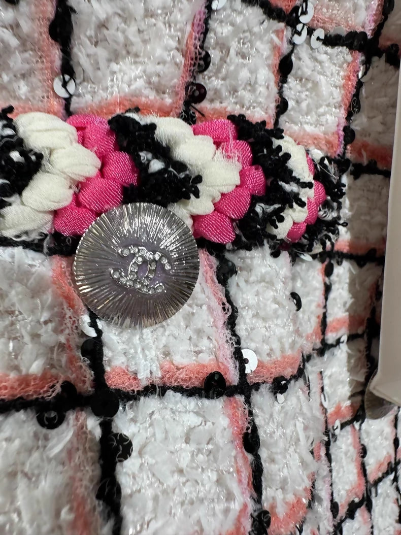 Chanel 24S tweed pink and white check hooded jacket