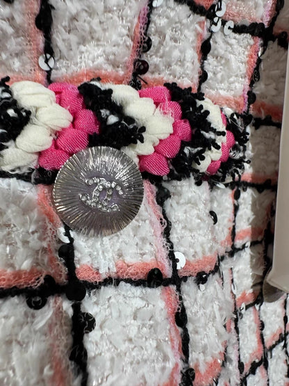 Chanel 24S tweed pink and white check hooded jacket