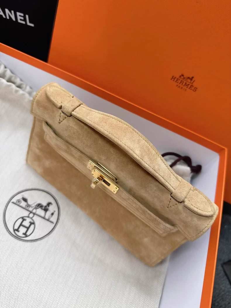 Hermes Kelly pochette suede Doblis gold hardware