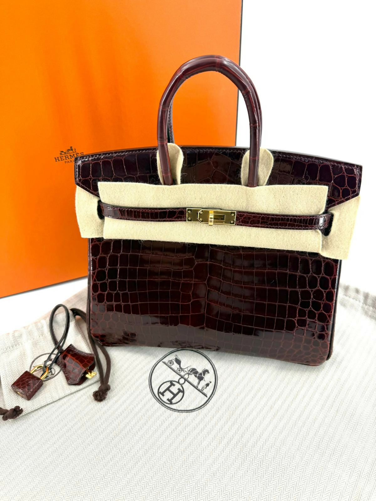 Hermes Birkin 25 Bordeaux Crocodile Leather Handbag with Gold hardware