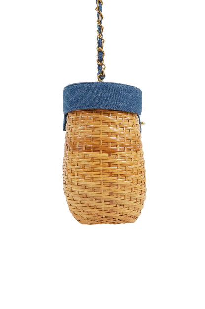 Chanel Wicker Basket Bag With Denim Flap Bucket
