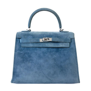 Vintage Hermes kelly 25 blue doblis suede leather palladium hardware
