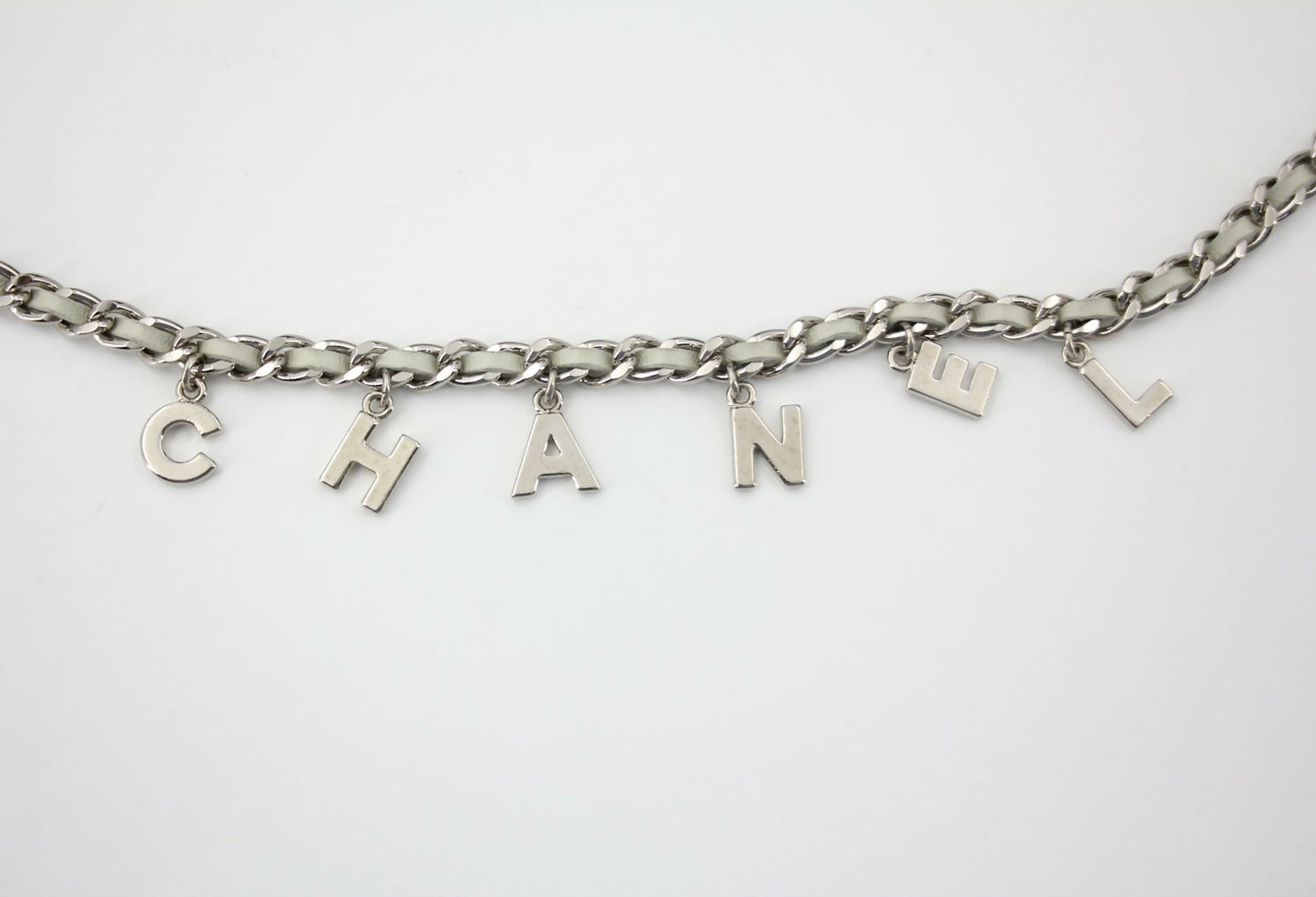 Chanel Vintage 09C Leather-threaded Metal Olive Green and Silver Waist Chain L91