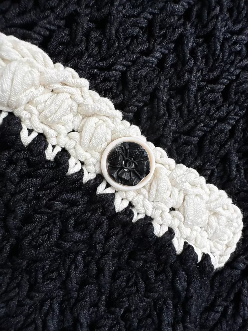 Chanel 22C Black and White Woven Camellia Button-Down Dress
