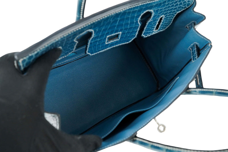 rare Hermes Birkin 30 blue denim crocodile leather palladium hardware