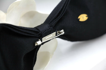 Chanel Vintage 81-85 Satin Silk Black Camellia Bow Hair Clip