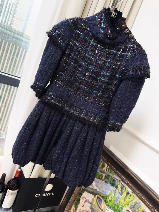 Chanel 2013 Deep Blue Pleated Sequin Tweed Dress