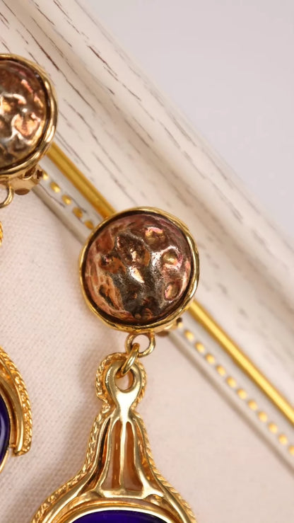 Chanel 1993 Blue Oval Glass Pendant Earrings
