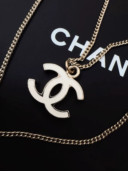 Vintage Chanel double C white enamel necklace