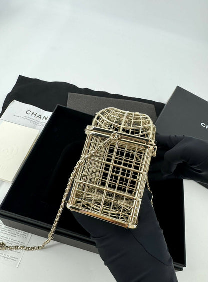 Chanel 2025 Rhinestone and Metal Embellishments Light Gold Birdcage Minaudière Bag