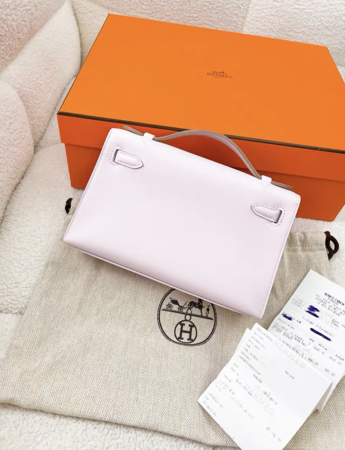 Hermès Kelly Pochette Mauve Pale Swift Palladium Hardware