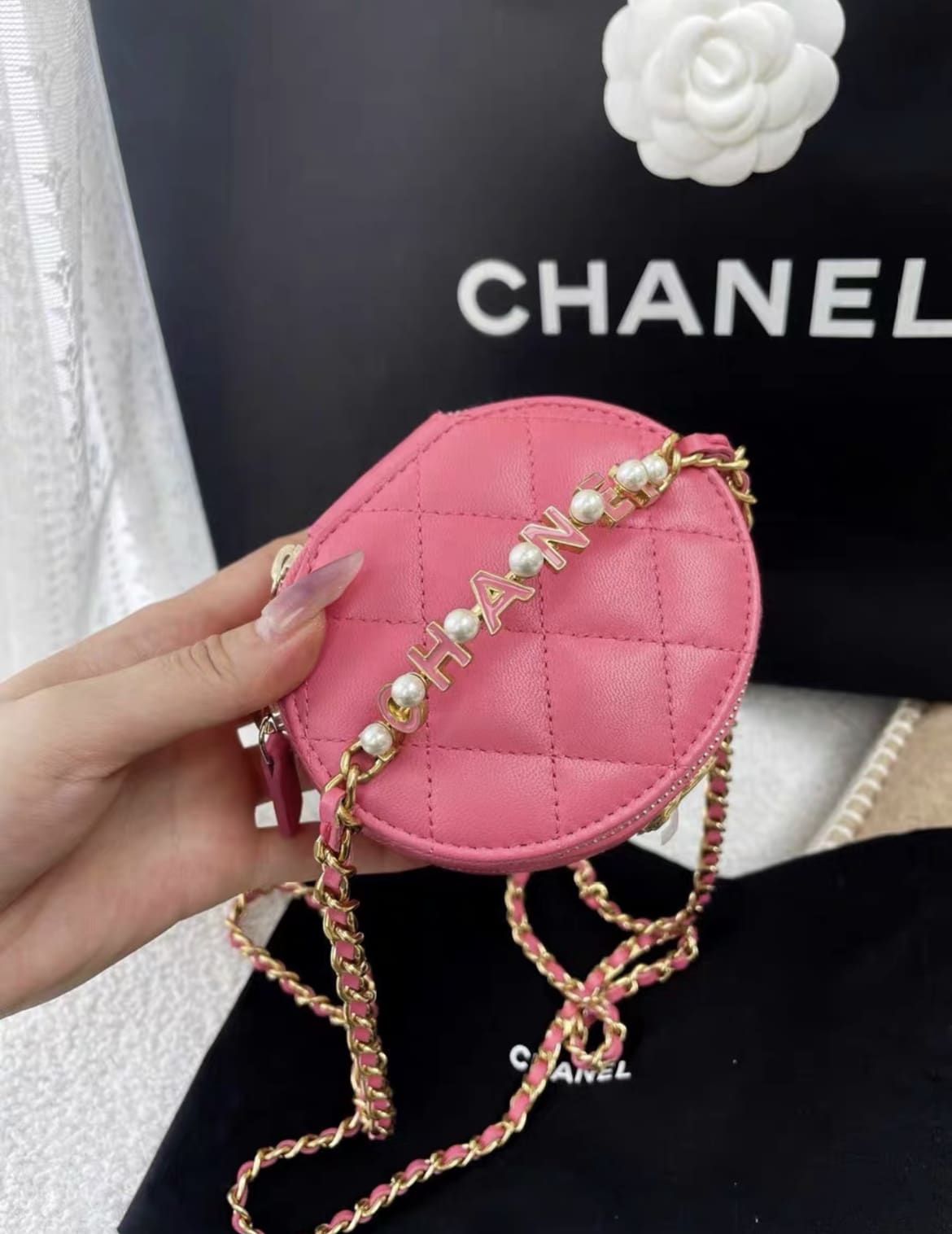 Chanel 23B pearl top handle pink mini vanity bag