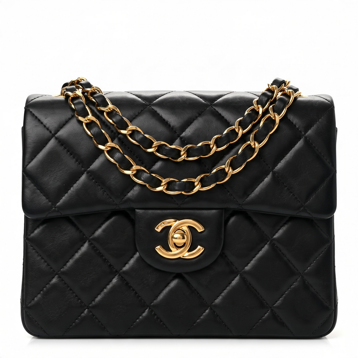 Vintage Chanel Black Quilted Lambskin Mini Square Timeless Classic Flap Bag 24K gold hardware