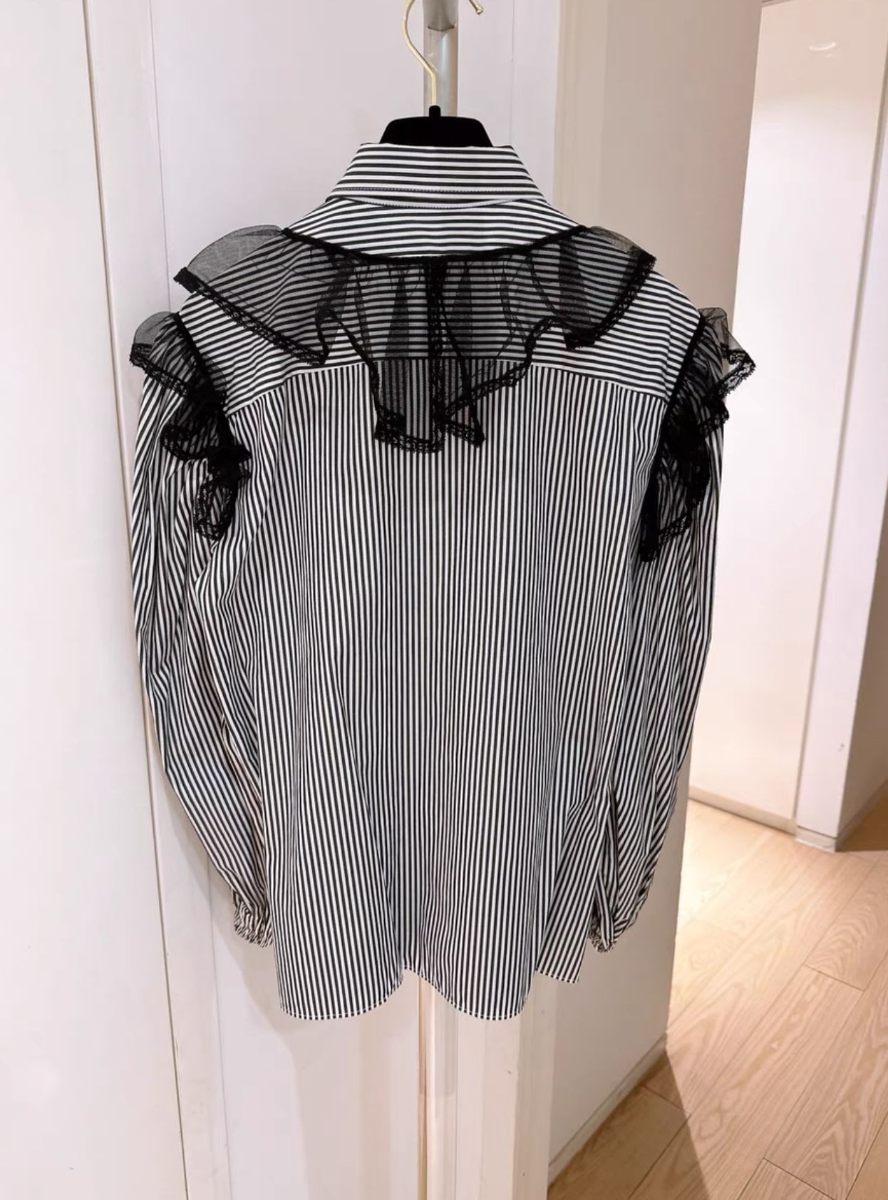 Miu Miu black and white striped lace shirt