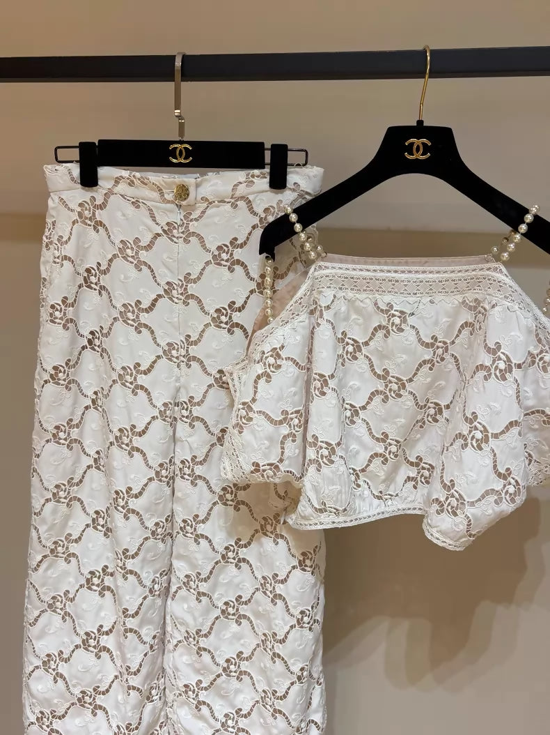 Chanel runway pearl-embroidered silk top set