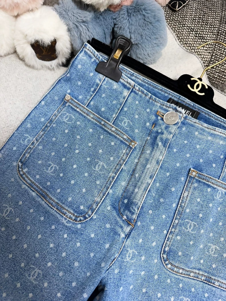 Chanel 23P light blue straight-leg jeans, all-over double C polka dot print