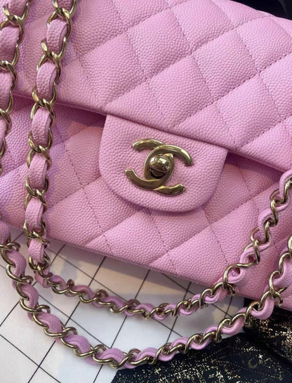 Chanel pink lychee leather small cf chain bag