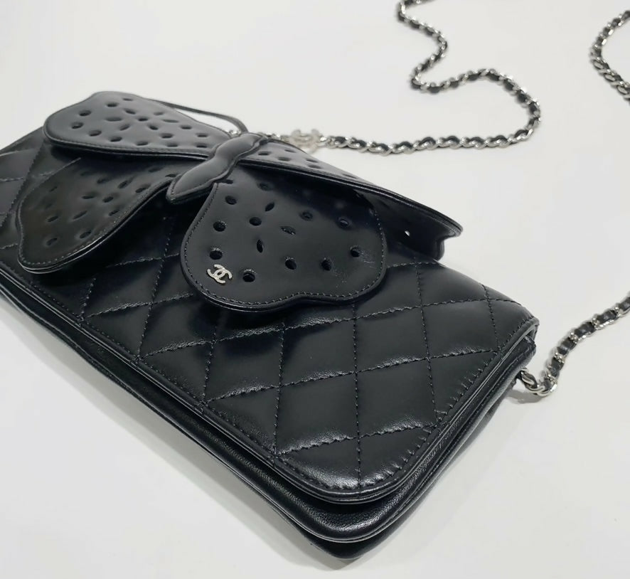 Rare Chanel 2011 Lambskin Black Butterfly Ornament Clutch Crossbody Flap Bag