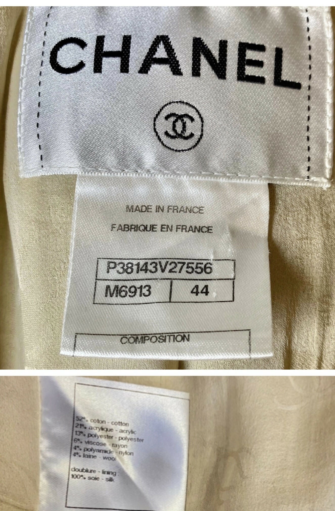 Chanel 10P Fantasy Tweed Beige Metallic Gold Jacket Skirt Suit Set FR 42/44