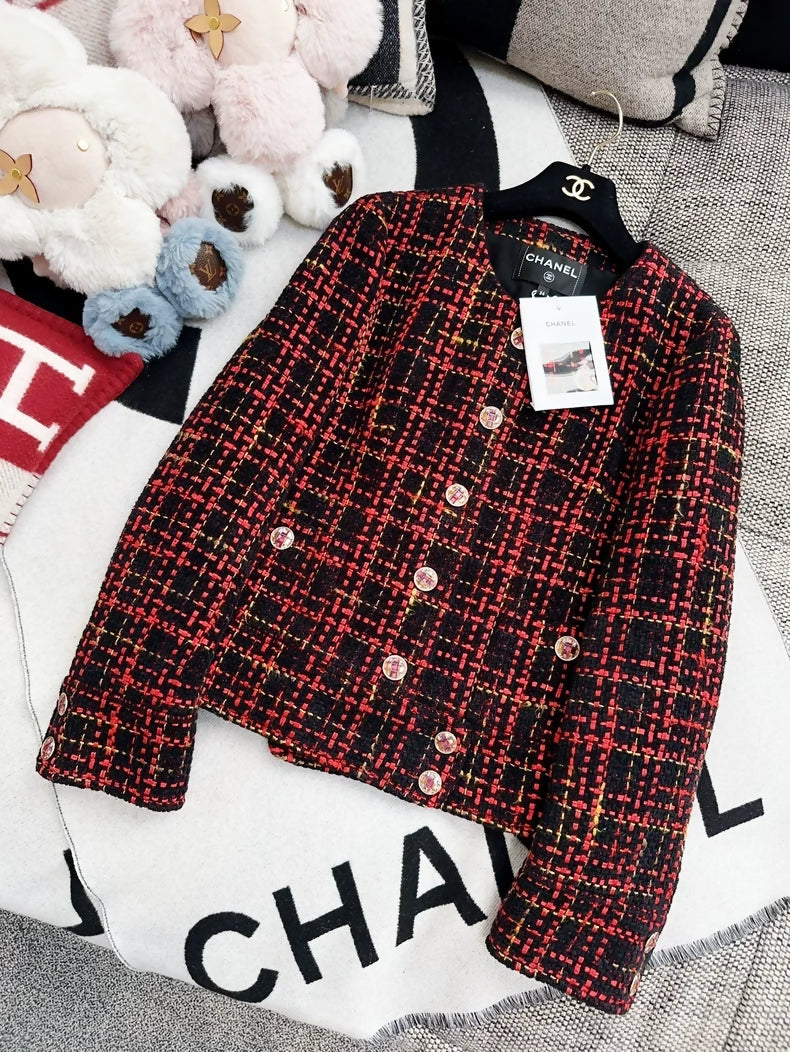 Chanel 22a jacket in red and black checkered tweed