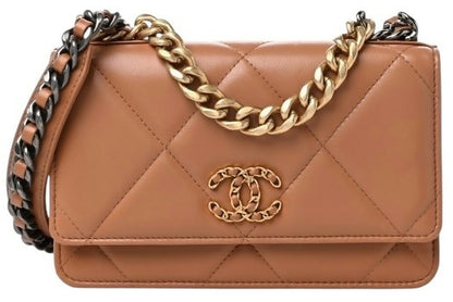 Chanel 19 Caramel Lambskin 21P Wallet On Chain WOC Mixed Metal Hardware