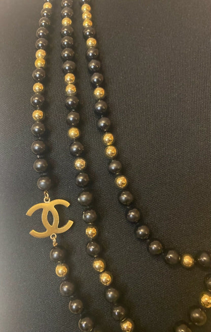 Chanel 16S Extra Long 3 Strand 4 CC Black Gold Mirror Beaded Necklace