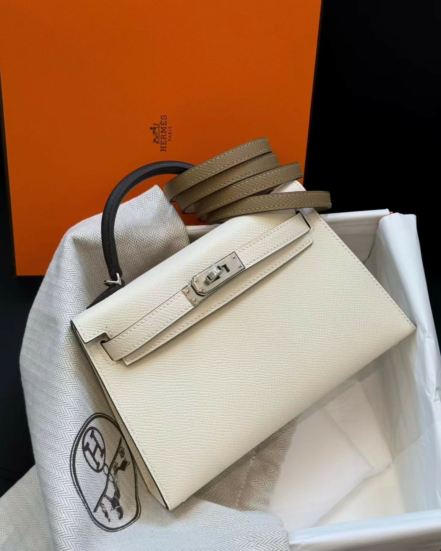 Hermès Mini Kelly II Nata / Rouge H / Biscuit Epsom Leather with Palladium Hardware
