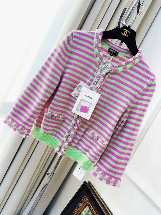 Chanel 25s pink and green striped cardigan
