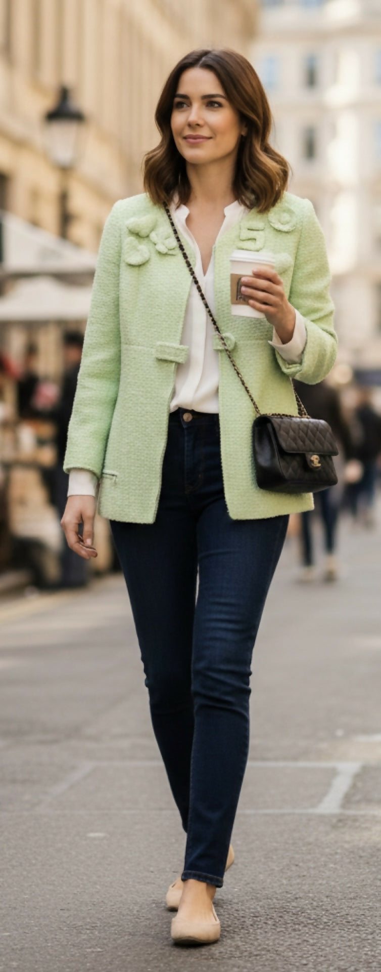 Chanel 04C Mint Green Tweed Boucle Zippered Appliqués Jacket FR 42