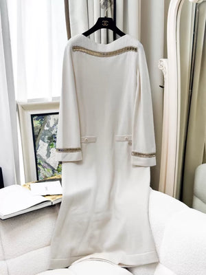 Chanel 20C Ecru Gold Chain Cashmere Long Knit Dress