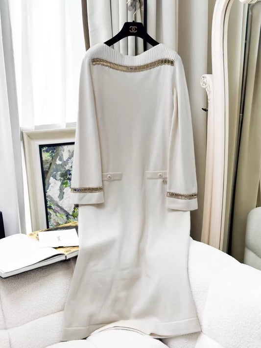 Chanel 20C Ecru Gold Chain Cashmere Long Knit Dress