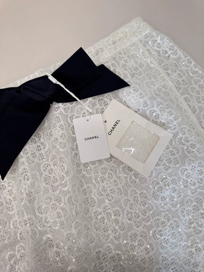 Chanel 24S White Camellia Bow Sequined Skirt